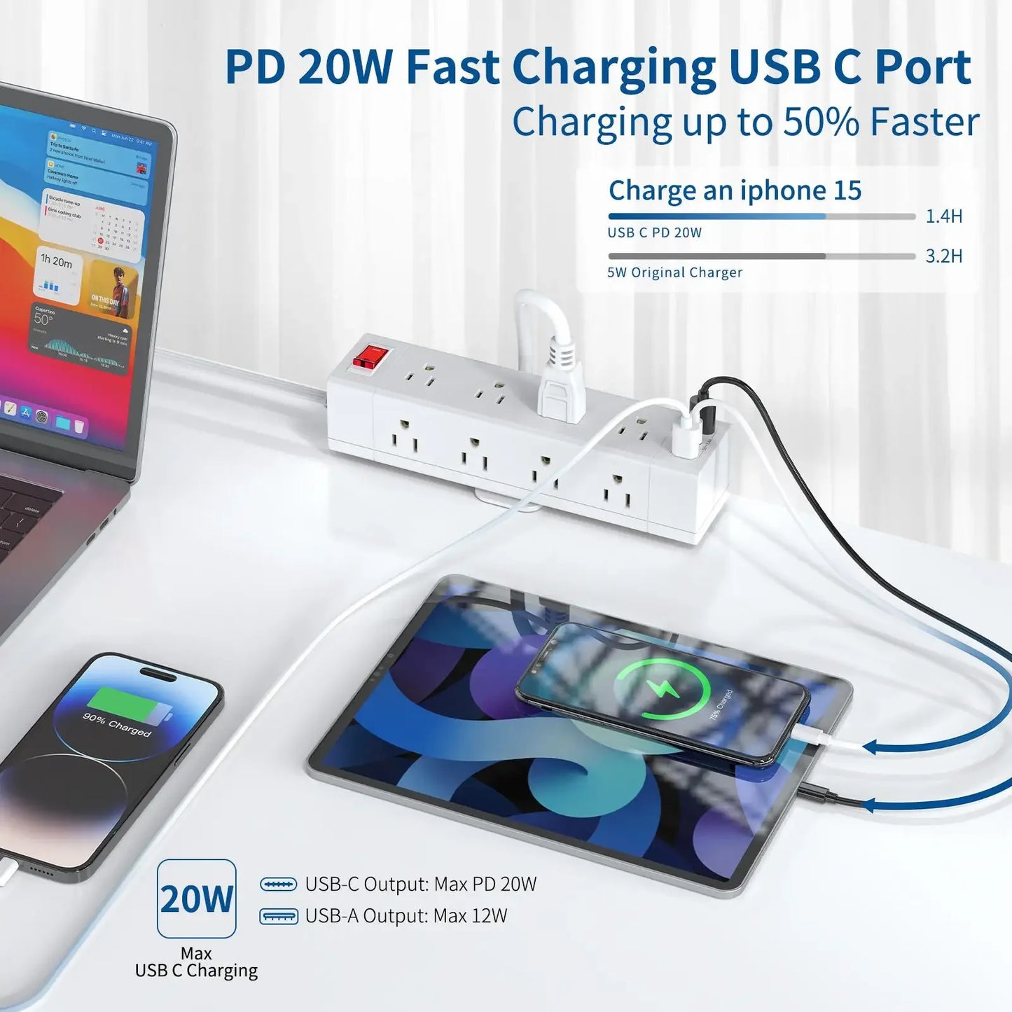 PASSUS 3-Way Power Strip with PD20W Fast Charging & Safety Switch Peaceful Pleasures Health and Wellness