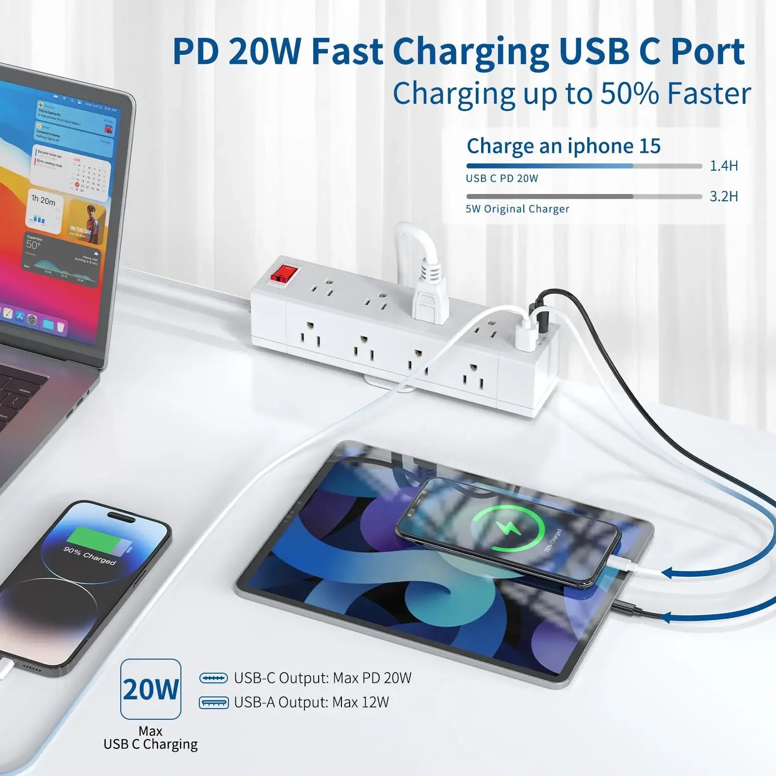 PASSUS 3-Way Power Strip with PD20W Fast Charging & Safety Switch Peaceful Pleasures Health and Wellness