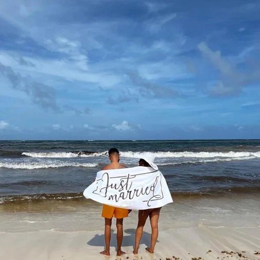 Just Married Mr Mrs bride groom Wife Husband Beach Towel Newlywed couple Honeymoon Vacation Wedding Gift present Photo props Peaceful Pleasures Health and Wellness