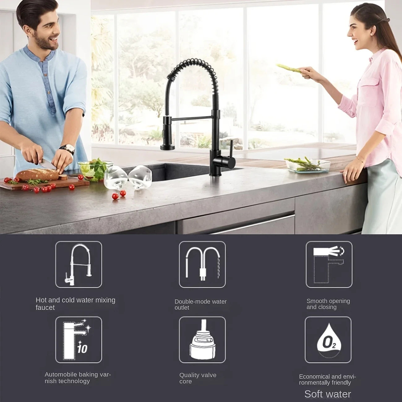 Black Rotating Spring Kitchen Faucet | Hot & Cold Single Handle