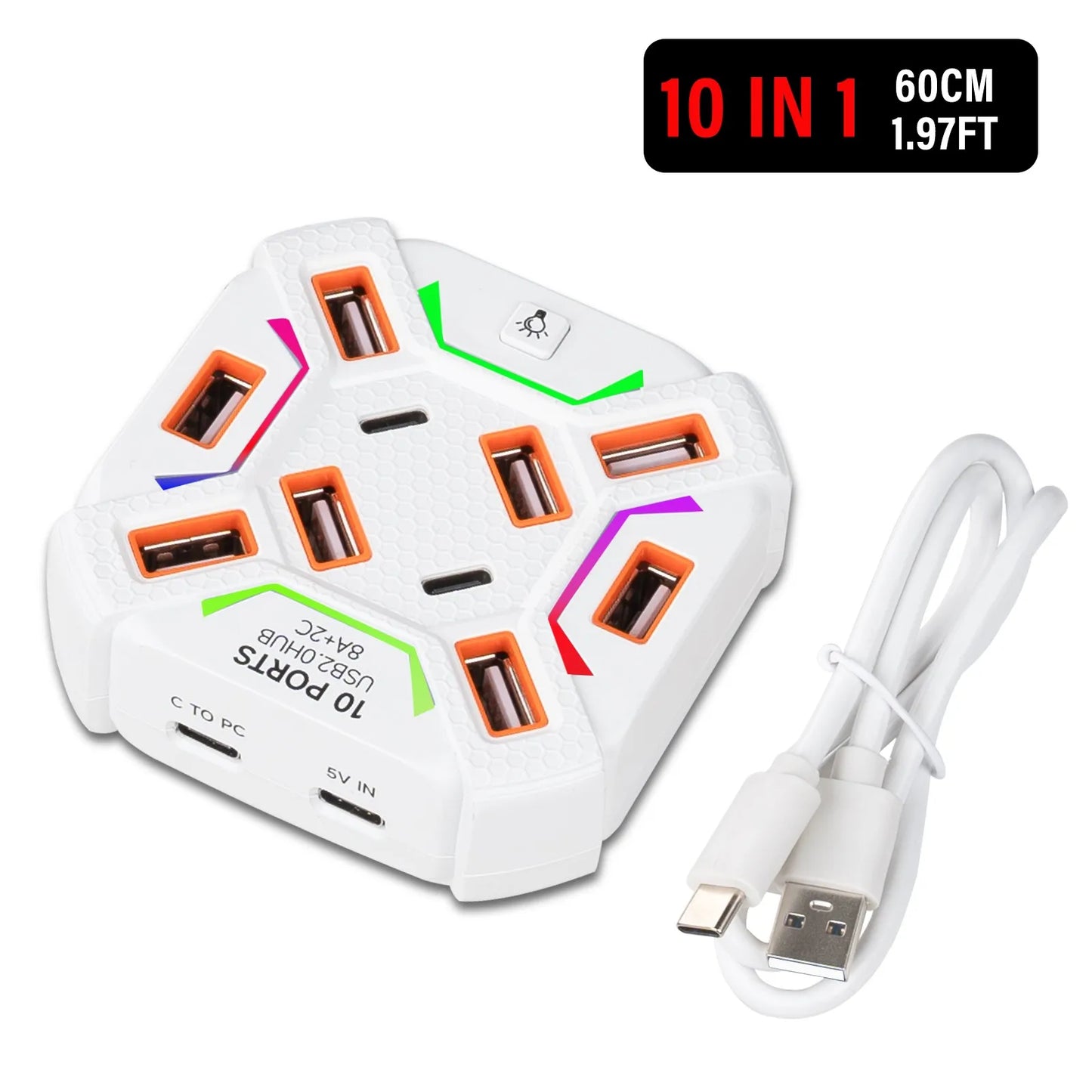 USB 2.0 Hub 7/10 Port High Speed Multi-Port Splitter with Individual LED Switches, Plug and Play for PC Mouse Keyboard USB Peaceful Pleasures Health and Wellness 10 Ports White 0.6m