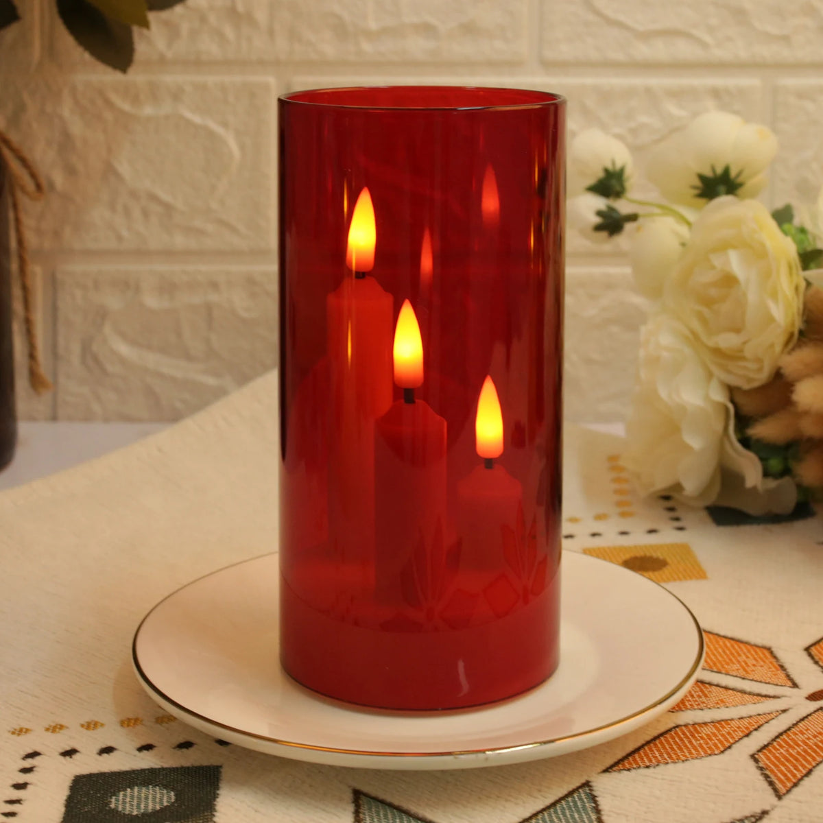 Flameless 3 in 1 LED Taper Candles with 15CM Lampshade Battery Operated Flickering Electric Window Candles for Christmas Wedding Peaceful Pleasures Health and Wellness Red 5pcs