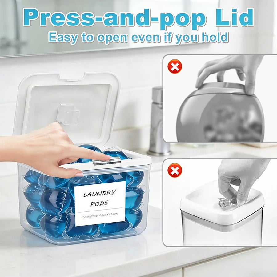 Laundry Pods Container with Press-and-Pop Lid – Detergent Powder Jar & Laundry Room Organizer
