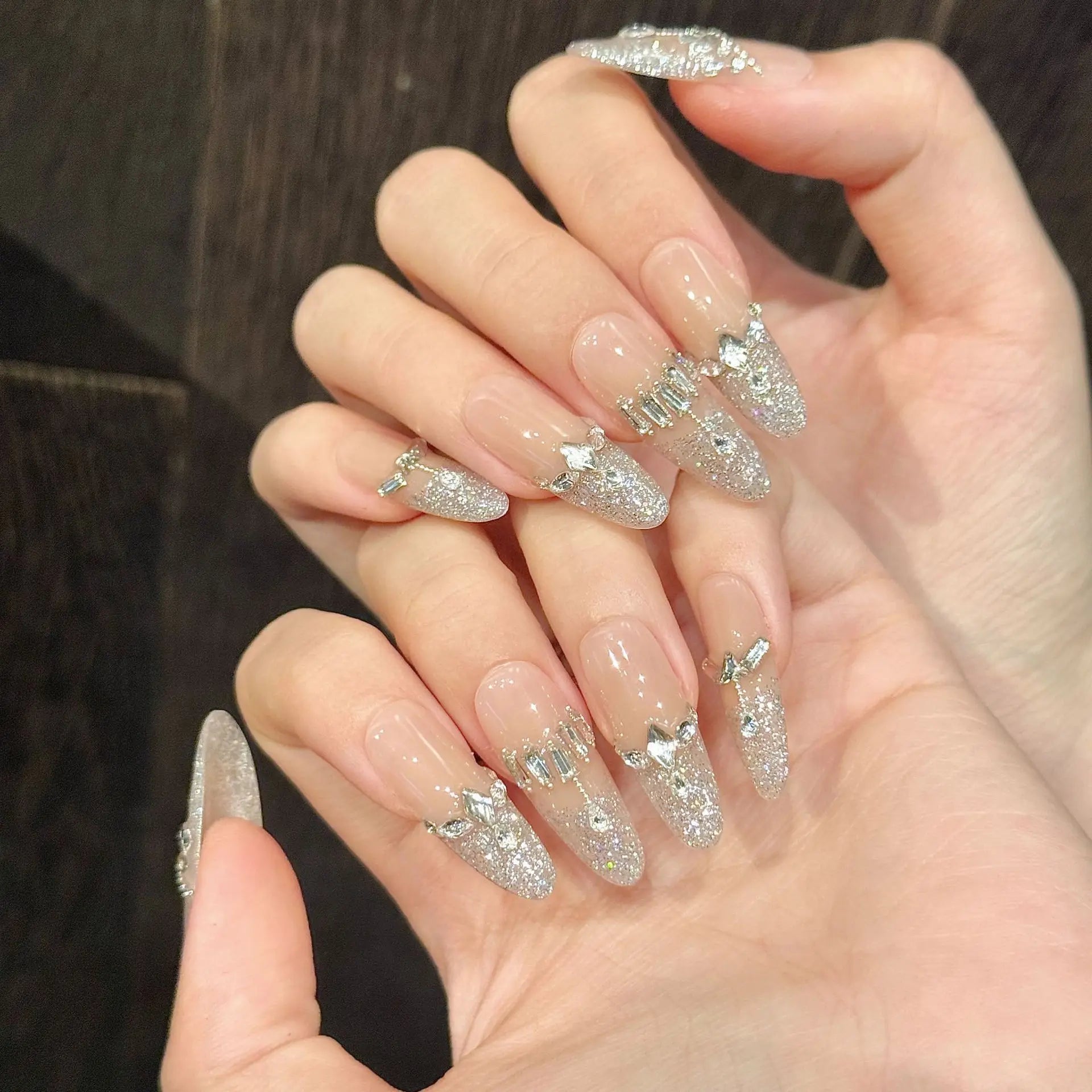 10pcs Handmade Shiny Diamond Press on Nails Glitter Pink Bow Decor Fake Nails Wedding Lady Wearable Ins French False Nail Tips Peaceful Pleasures Health and Wellness