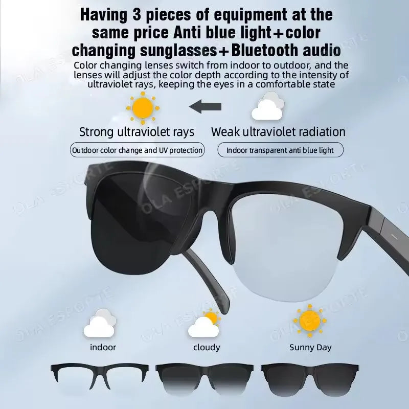 F02 Photosensitive Color Change Smart Glasses Bluetooth Voice Calls Control Music UV Polarized Sunglasses Headphone Smartglasses Peaceful Pleasures Health and Wellness