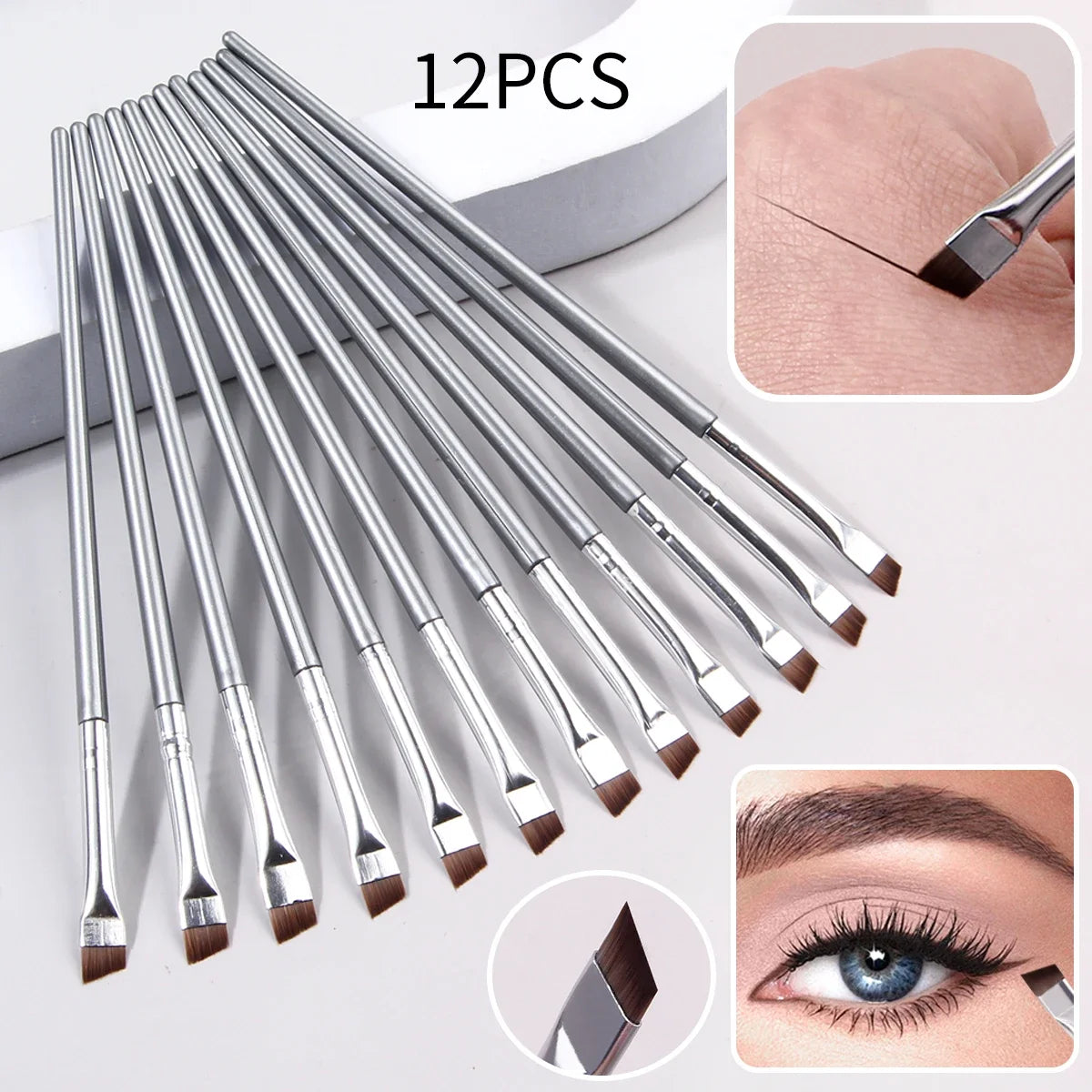 12pcs ultra-fine blade eyeliner brush Super soft makeup brush Portable eyebrow brush Multi functional multi-purpose makeup tool Peaceful Pleasures Health and Wellness C705-Silver 12pcs