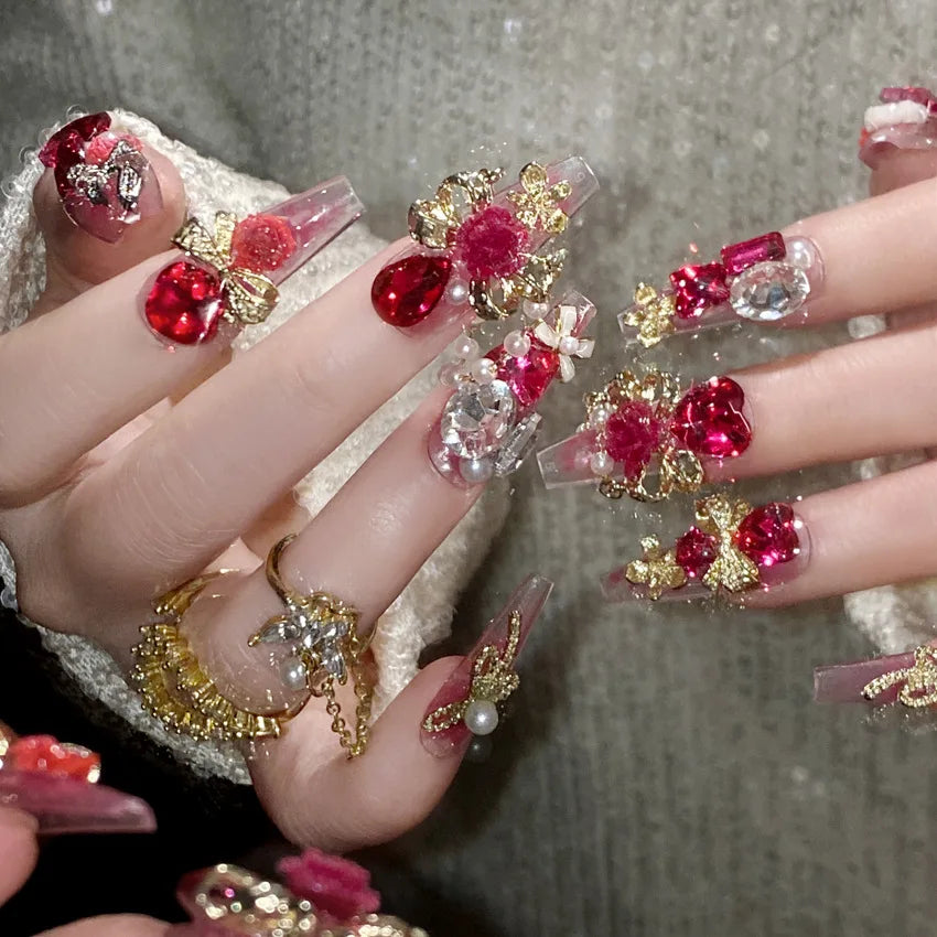 24pcs New Year Heavy Metal Press on Nails Chinese Bride Wedding Fake Nails Full Cover Wearable Shiny Large Crystal False Nails Peaceful Pleasures Health and Wellness