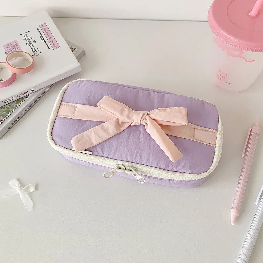 Soft Fabric Pencil Case Student Simple Bow Storage Bag Stationery Bag DIY Journal Desktop Storage Bag Practical Stationery Bags Peaceful Pleasures Health and Wellness PURPLE