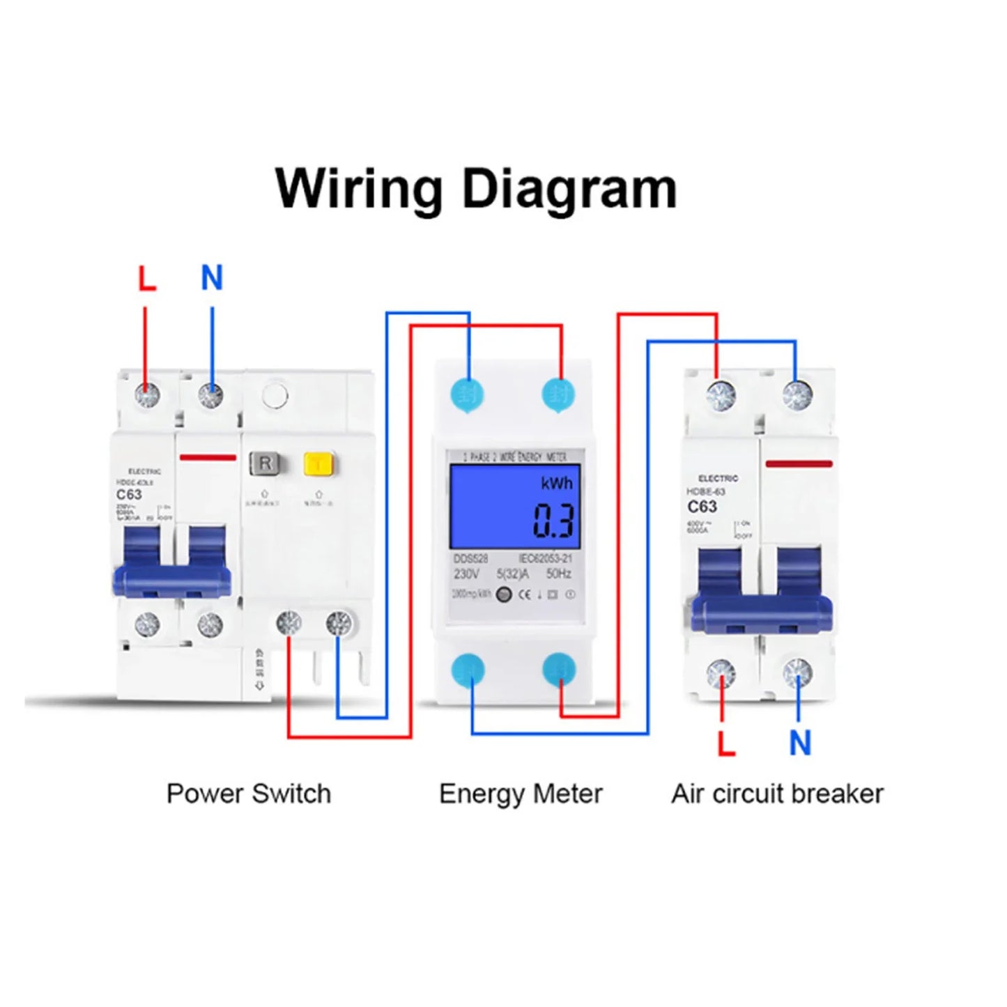 5 32A 230V 50Hz LCD Display Single Phase Energy KWh Meter DIN Rail