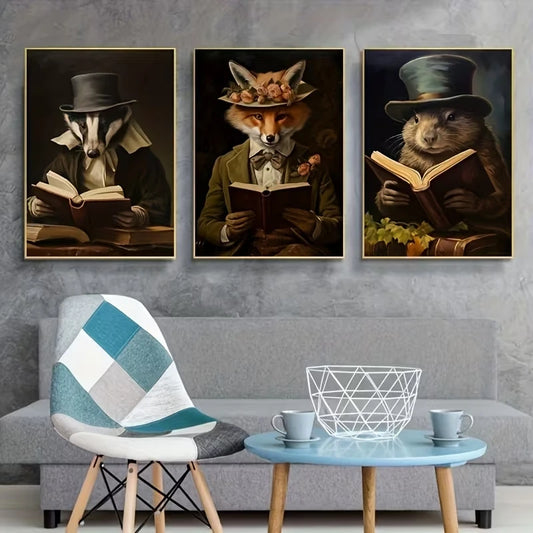 3-Piece Gentleman Animals Reading Canvas Wall Art Print Set Canvas Wall Art Set Peaceful Pleasures Health and Wellness G4214-3pcs 40x60cm Unframed
