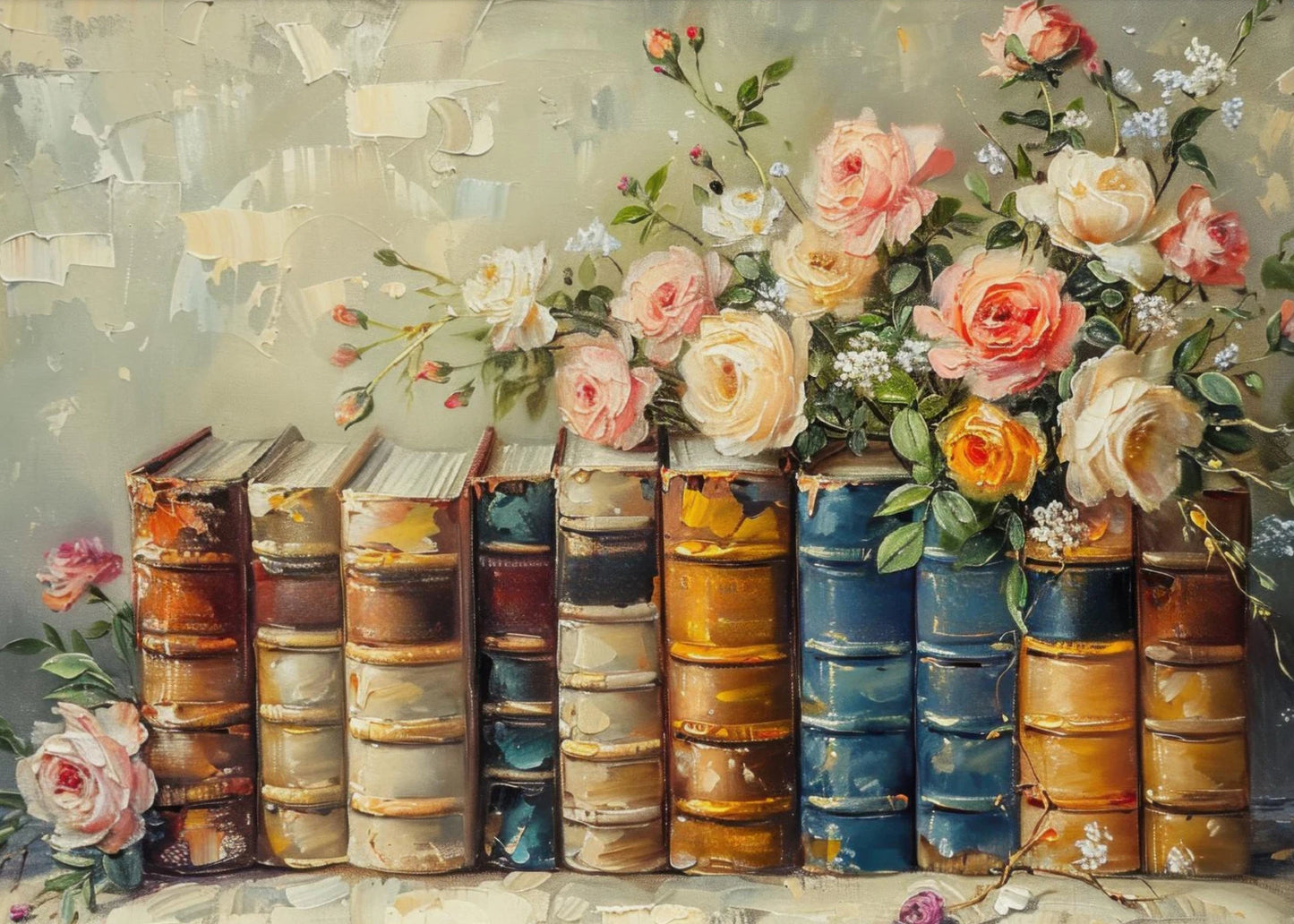 Books & Flowers Vintage Canvas Wall Art | Pink Farmhouse Print