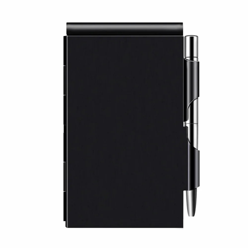 Portable Aluminum Notepad with Memo Pads with Pen Office Memo Pad Pocket Refillable Paper Clamshell Notebook Gift Supplies Peaceful Pleasures Health and Wellness Black