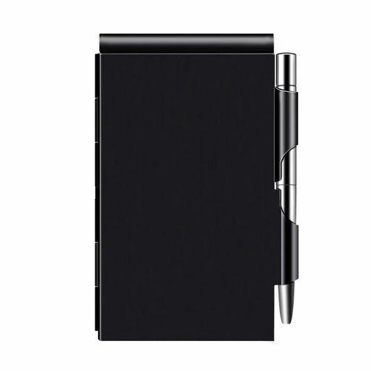 Portable Aluminum Notepad with Memo Pads with Pen Office Memo Pad Pocket Refillable Paper Clamshell Notebook Gift Supplies Peaceful Pleasures Health and Wellness Black
