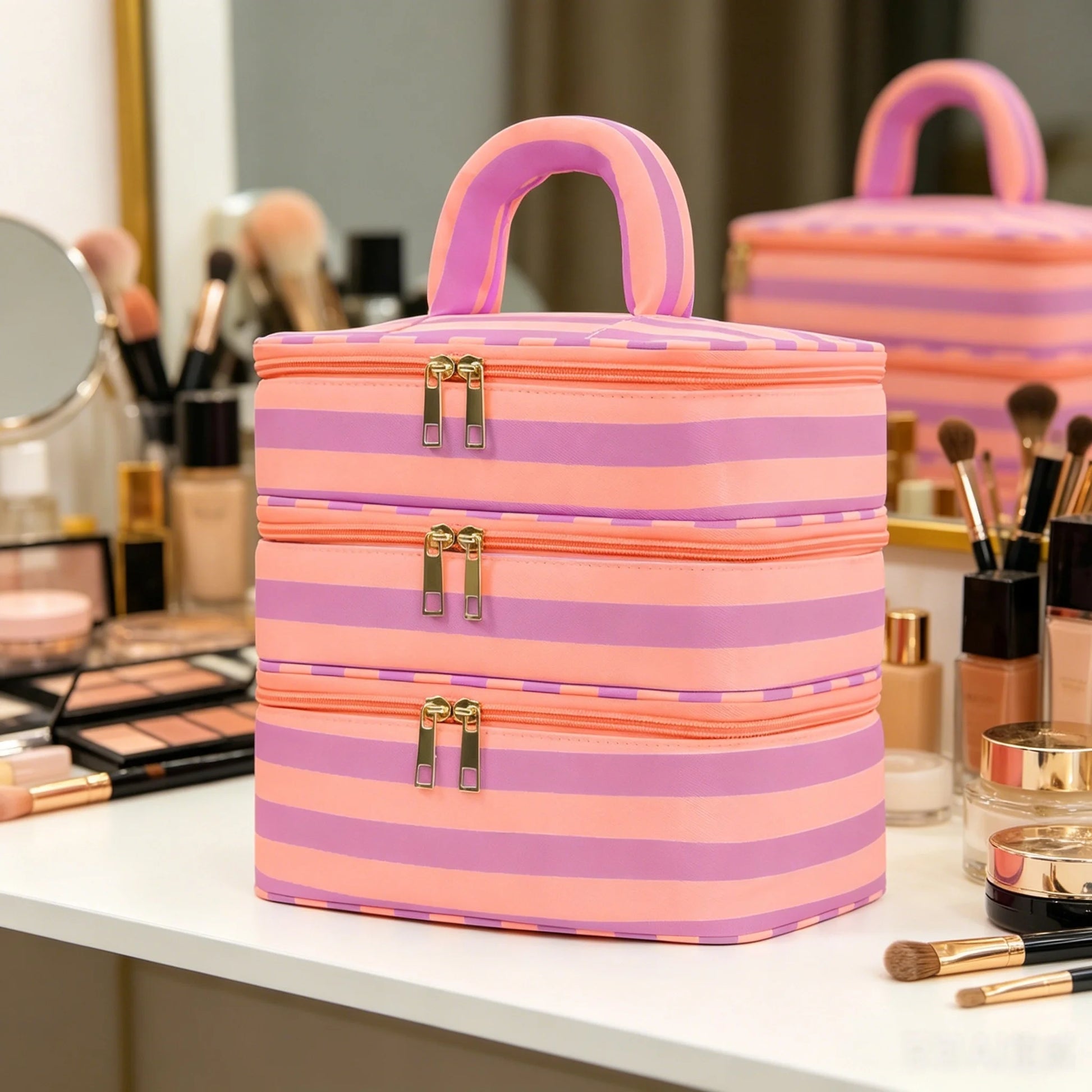 Large Makeup Bag 3 Layers with Handle Travel Makeup Bag Organizer Toiletry Accessories Bottles, Brushes, and Skin Care Products Peaceful Pleasures Health and Wellness Orange Purple