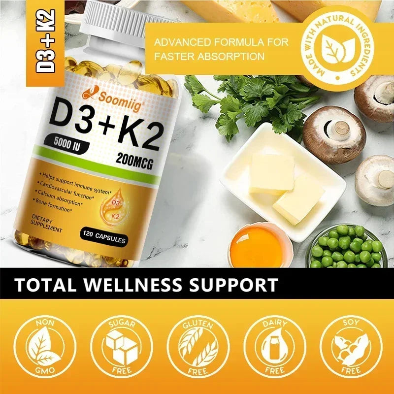 Vitamin D3 5000IU + K2 MK-7 200mcg Capsules | Bone & Immune
