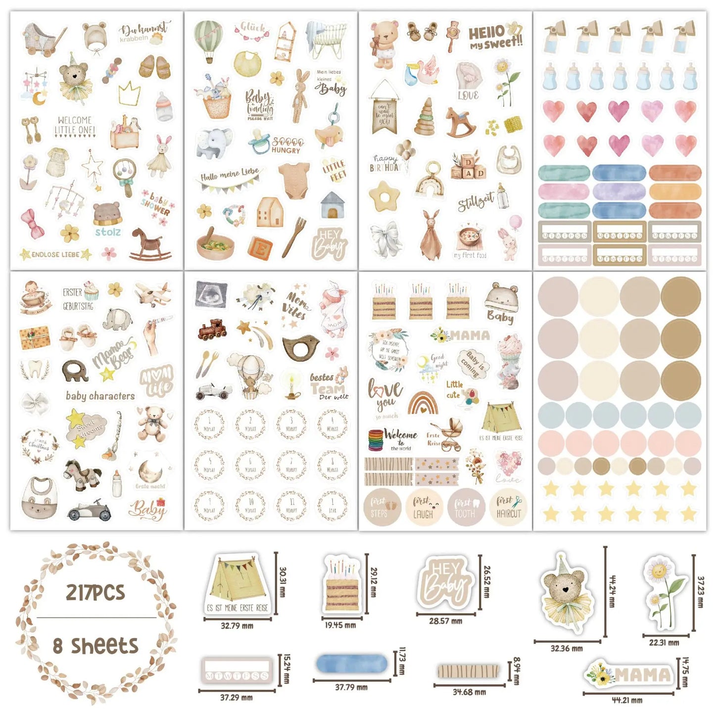 Baby Memory Stickers 8 Sheets Newborn Milestone Scrapbook Cute Matte
