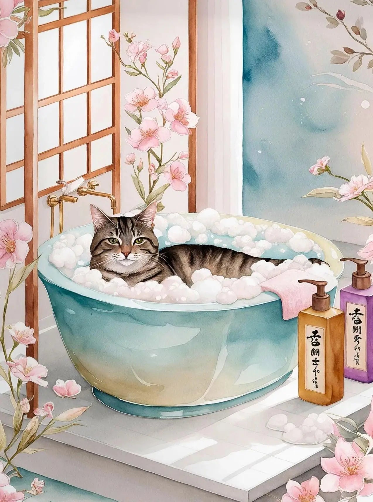 Japanese Cherry Blossom Cat Hot Spring Canvas Wall Art Print Canvas Wall Art Print Peaceful Pleasures Health and Wellness