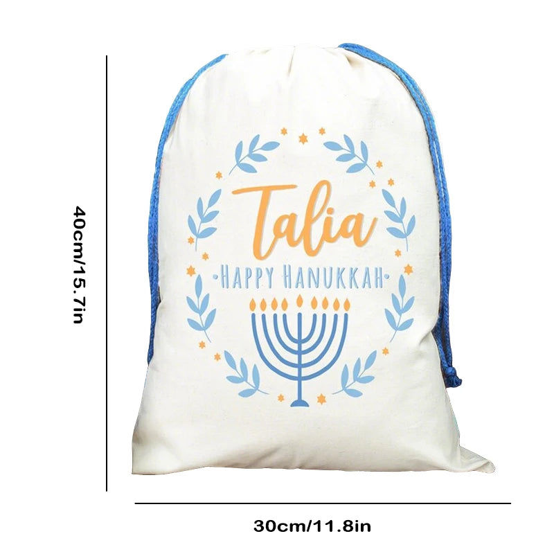 Personalized Hanukkah Drawstring Gift Bag with Child's Name Holiday Gift Bag Peaceful Pleasures Health and Wellness