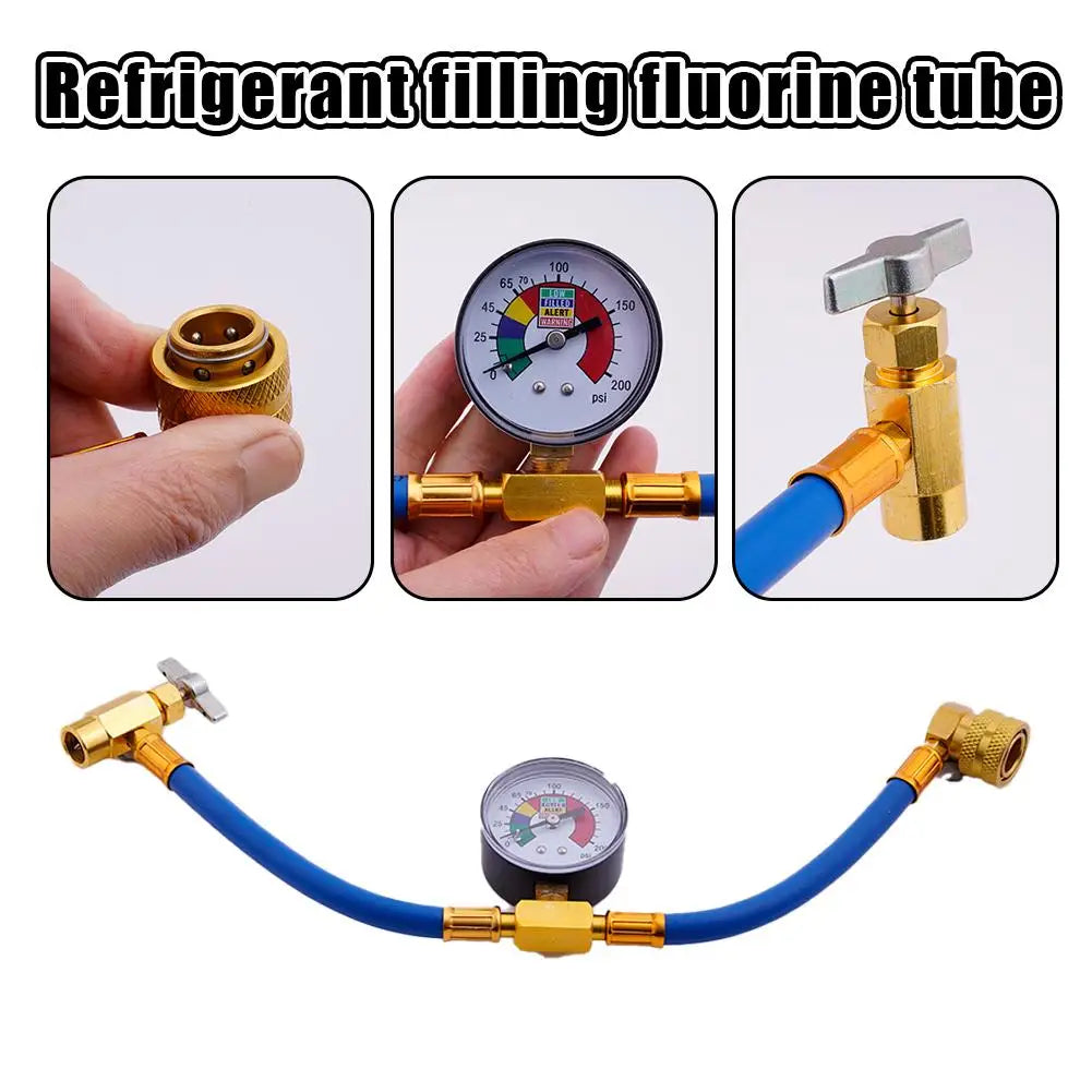 Refrigerant filling fluorine tube R134A refrigerant quick refill fluoride tube with 1/2 ACME valve bottle connection. Peaceful Pleasures Health and Wellness