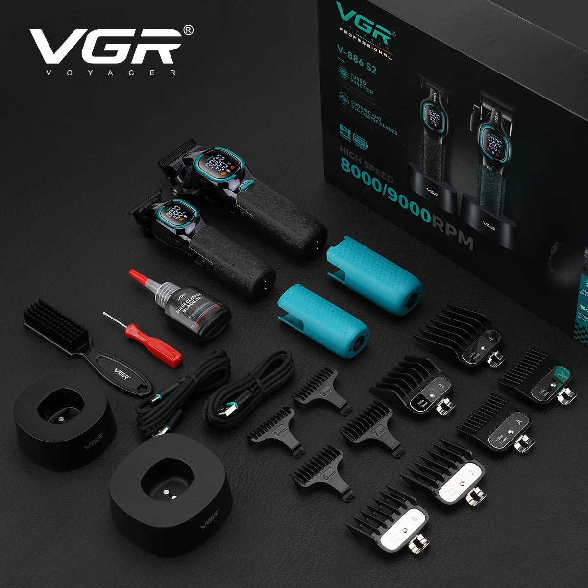 VGR high-end hair trimmer two-piece set metal body 9000 RPM hair clipper alloy blade head oil head carving push shear V-886 S2 Peaceful Pleasures Health and Wellness