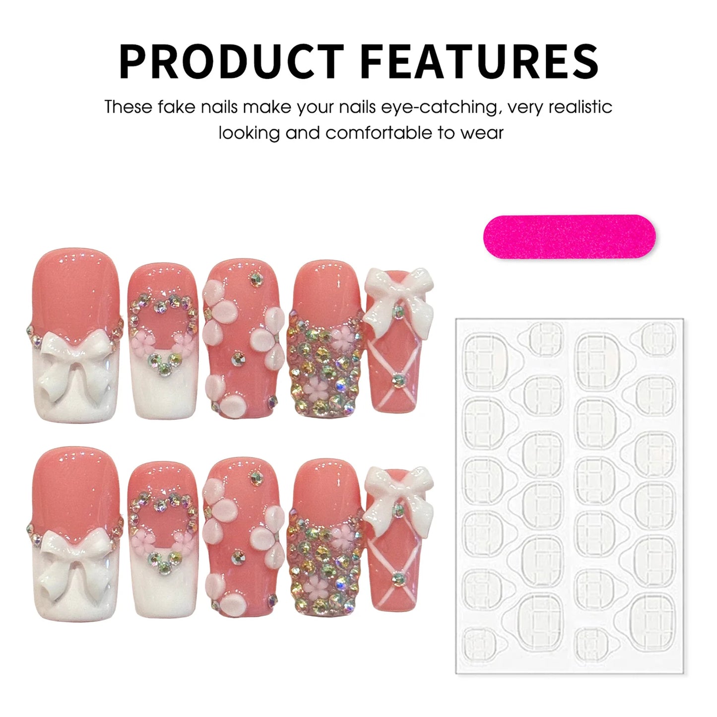 Press On Nails French Glitter 3D Bow Rhinestone Set | 10pcs