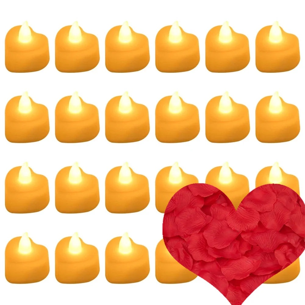 Heart Shaped LED Candles Flameless with Artificial Rose Petal Romantic Love Tea Lights for Night Light Anniversary Wedding Table Peaceful Pleasures Health and Wellness 24pc w 100pc petal
