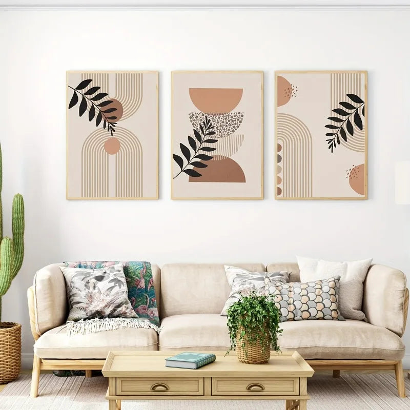 3pcs/set Unframed Canvas Poster, Modern Boho Wall Art Poster, Geometry Semicircle Botanical Leaf Painting, Wall Art Decor Peaceful Pleasures Health and Wellness