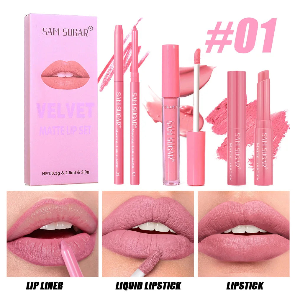 SAM SUGAR 3-in-1 Matte Lip Kit – Liner, Lipstick & Gloss Set