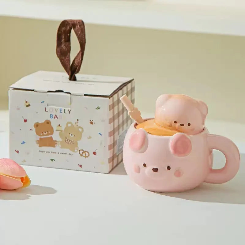 Bear Ceramic Mug with Lid – 450ml Cute Cartoon Cup Gift