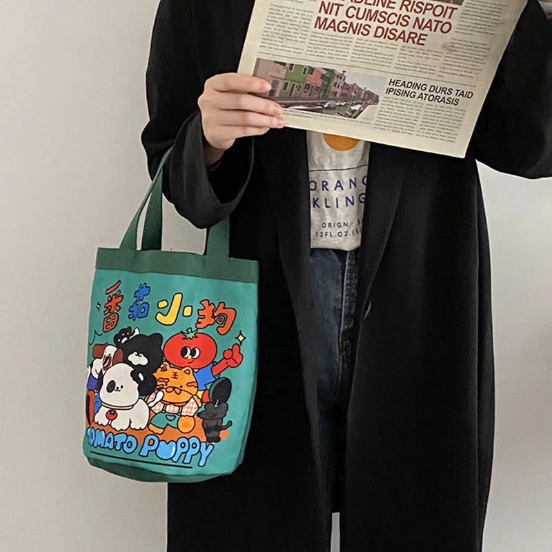 Cute Animal Doodle Canvas Bucket Bag | Cylindrical Lunch Tote