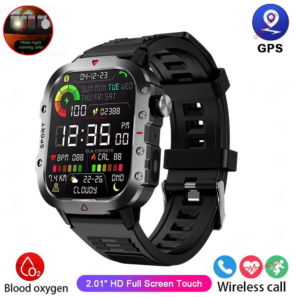 Military Smart Watch LED Flashlight GPS Fitness Tracker 3ATM