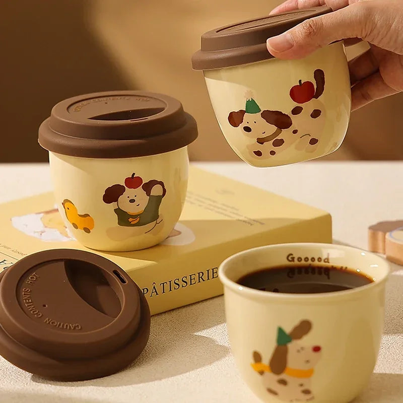 Practical Cute Cartoon Sausage Puppy Cups Exquisite Coffee Cups with Lid One Piece Cups Internet Famous Ceramic Cups Casual Cups Peaceful Pleasures Health and Wellness