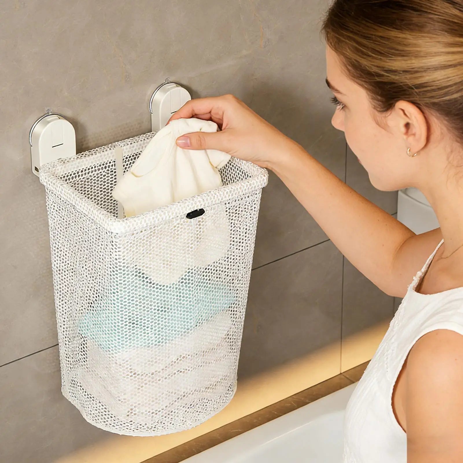 Wall-Mounted Mesh Laundry Hamper | No-Drill Suction Basket Laundry Hamper Peaceful Pleasures Health and Wellness