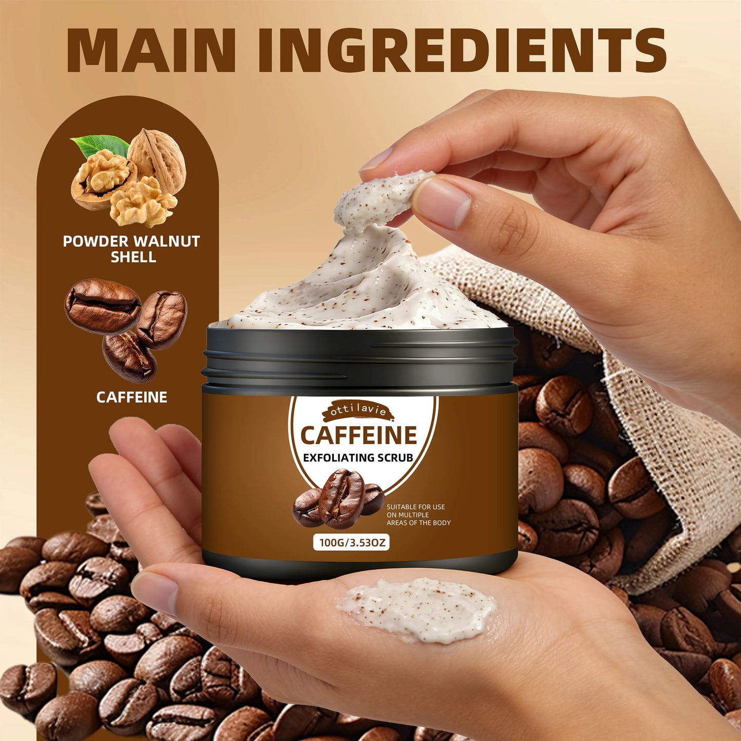 Ottilavie Caffeine Exfoliating Scrub, Gentle Exfoliating Deep Cleansing For Hands, Feet & Body, Daily Skincare Routine Peaceful Pleasures Health and Wellness