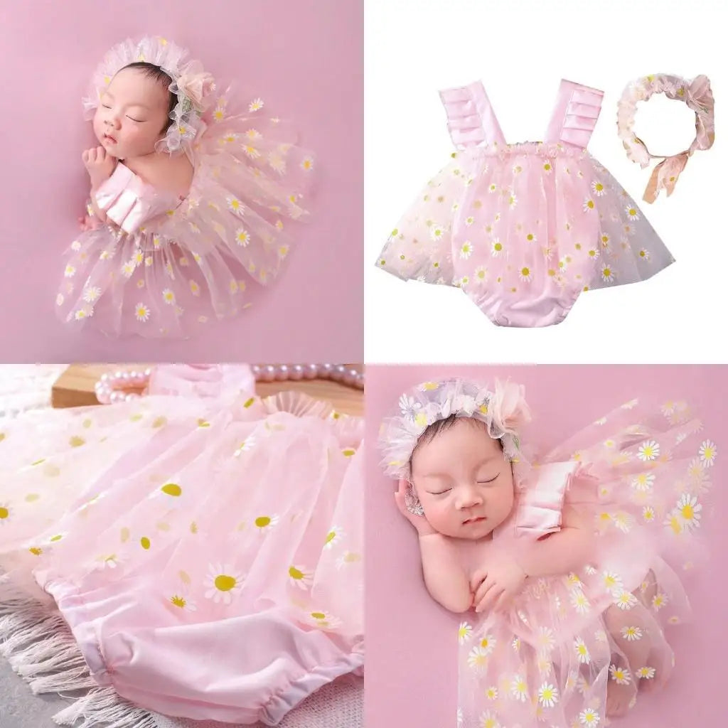Baby Girl Mesh Romper Dress & Hairband Set – Newborn Photo