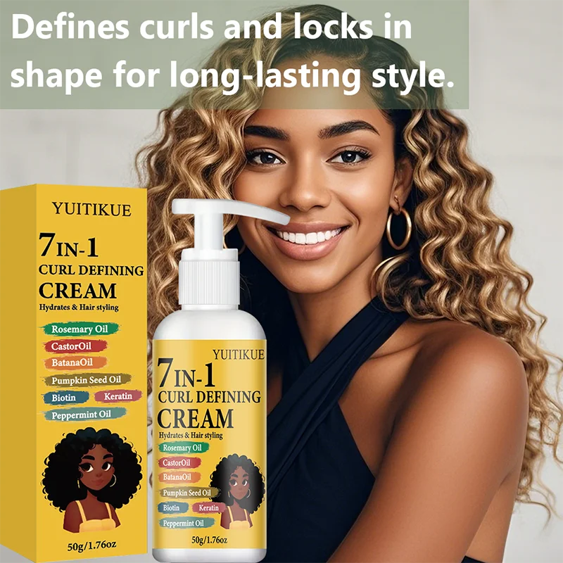 YUITIKUE 7-in-1 Curl Defining Cream with Rosemary Oil Castor Oil Hydrating Hair Styling Cream for Curly Hair 50g Peaceful Pleasures Health and Wellness