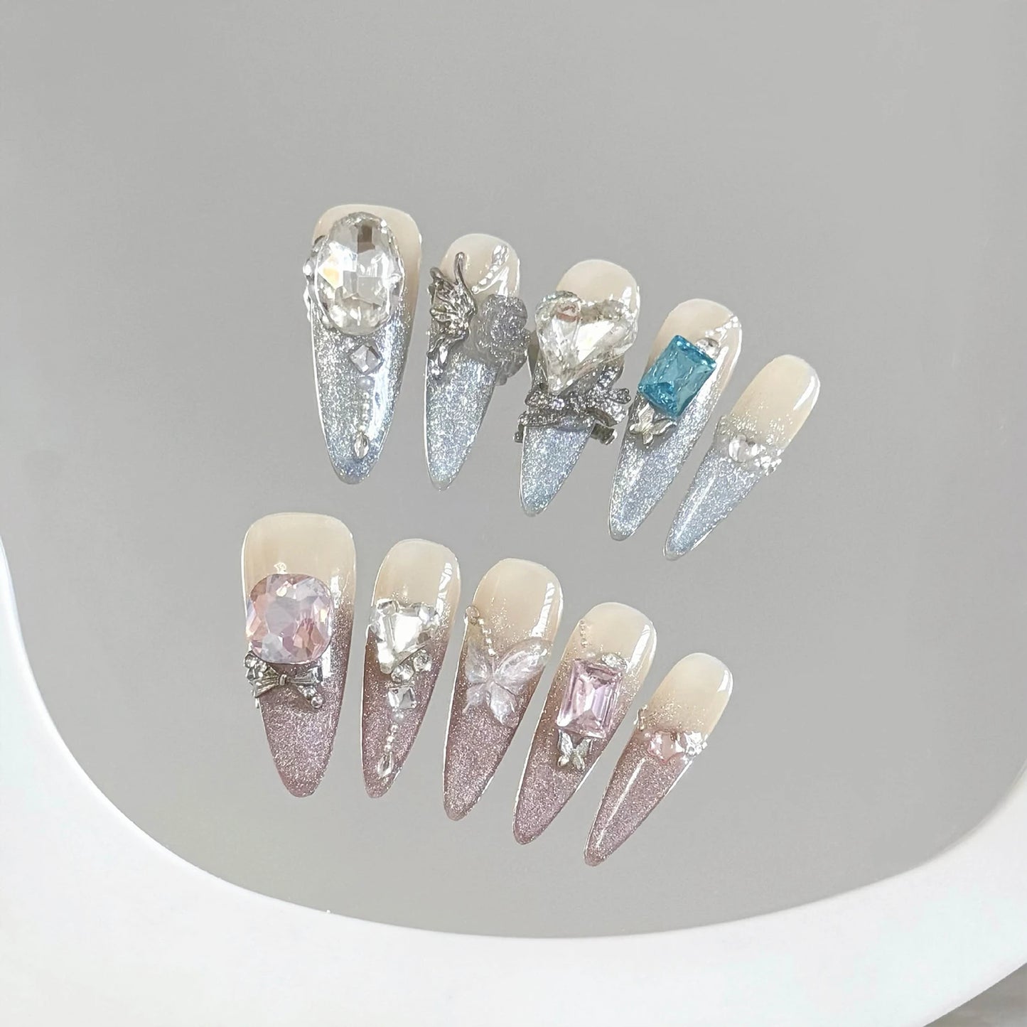 Long Ballet Press-On Nails Pink Bow Glitter French Cat Eye 10pcs