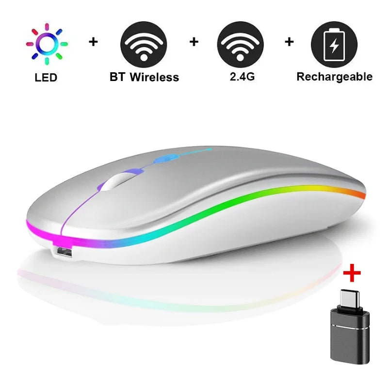 LED Bluetooth-compatible Wireless Mouse 2.4GHz Slim Rechargeable Silent Mice RGB Ergonomic Gaming mouse for Computer Laptop PC Peaceful Pleasures Health and Wellness Sliver with OTG