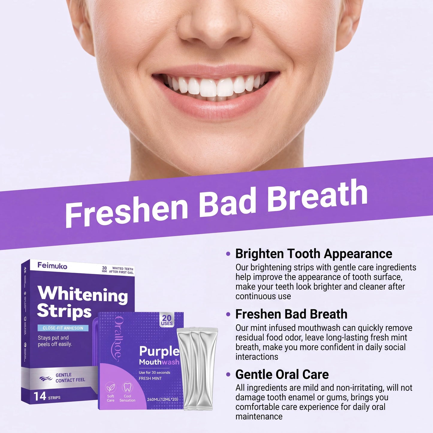 Purple Teeth Brightening Strips & Mouthwash Dental Kit