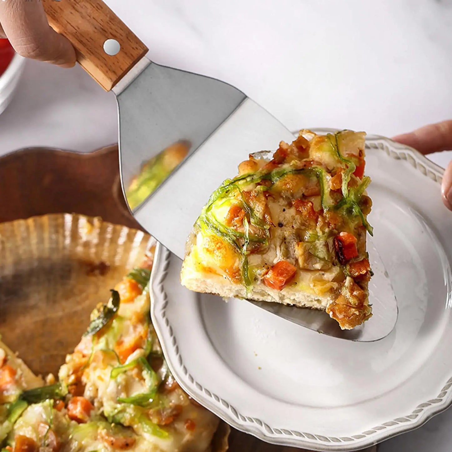 Stainless Steel Pizza Server & Cake Spatula | Wooden Handle