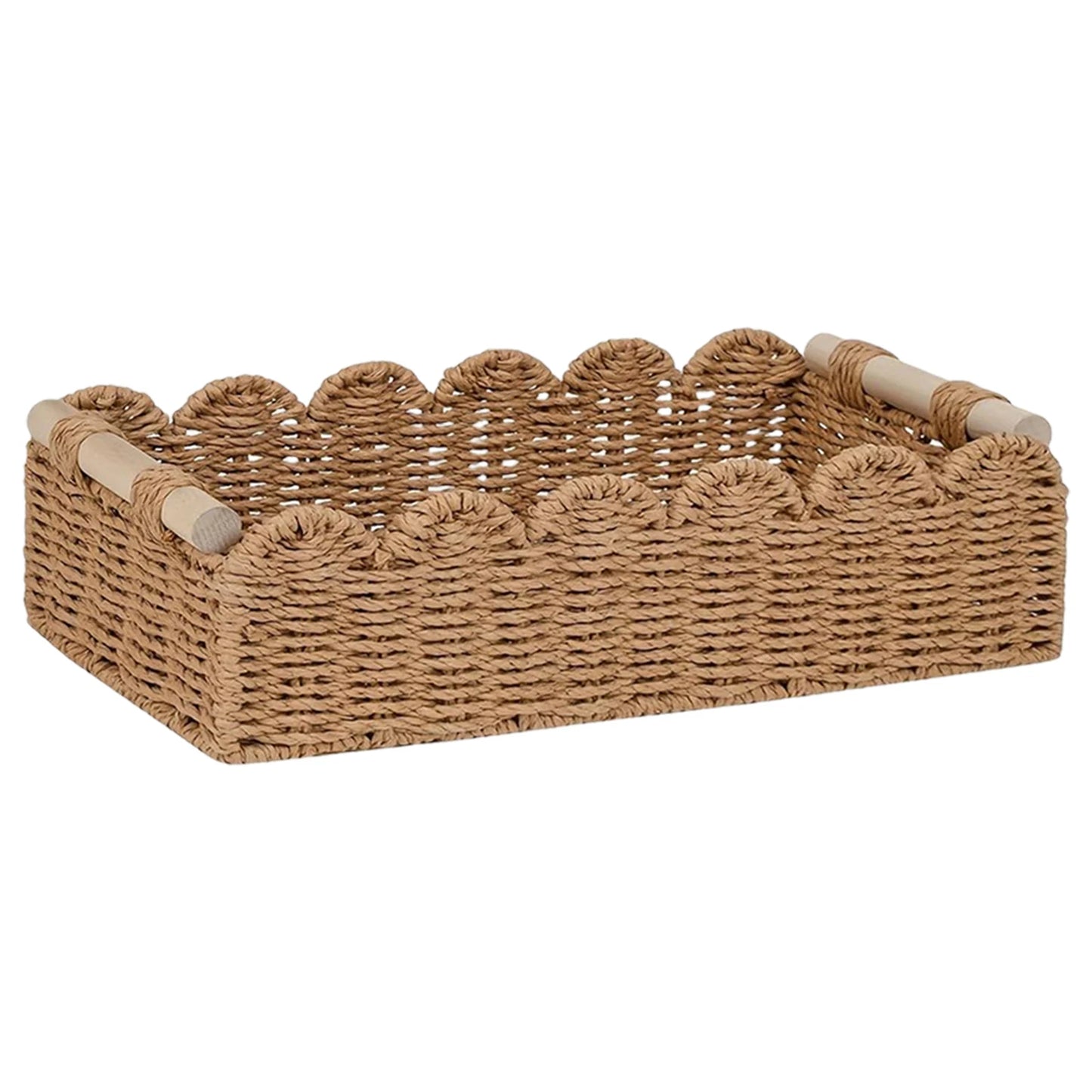Scalloped Paper Rope Woven Basket with Wooden Handles