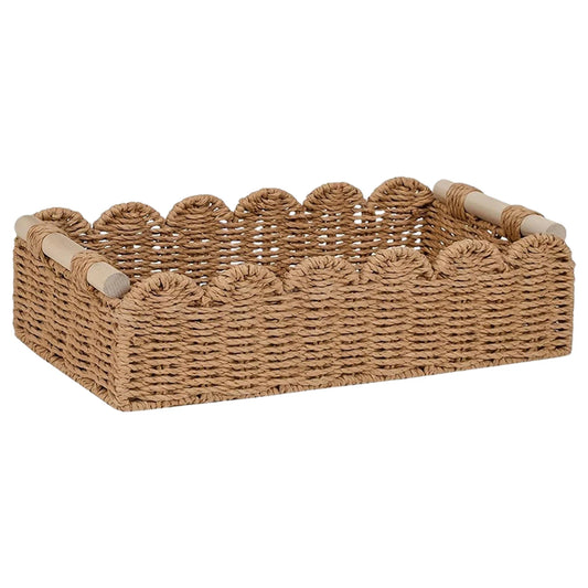 Scalloped Paper Rope Woven Basket with Wooden Handles Woven Storage Basket Peaceful Pleasures Health and Wellness Khaki One Size