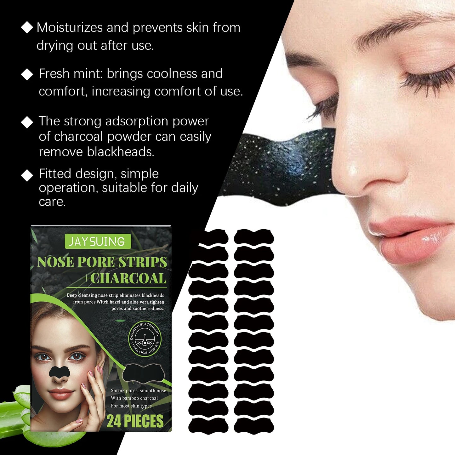 Jaysuing 24-Pack Charcoal Nose Pore Strips – Deep Cleansing