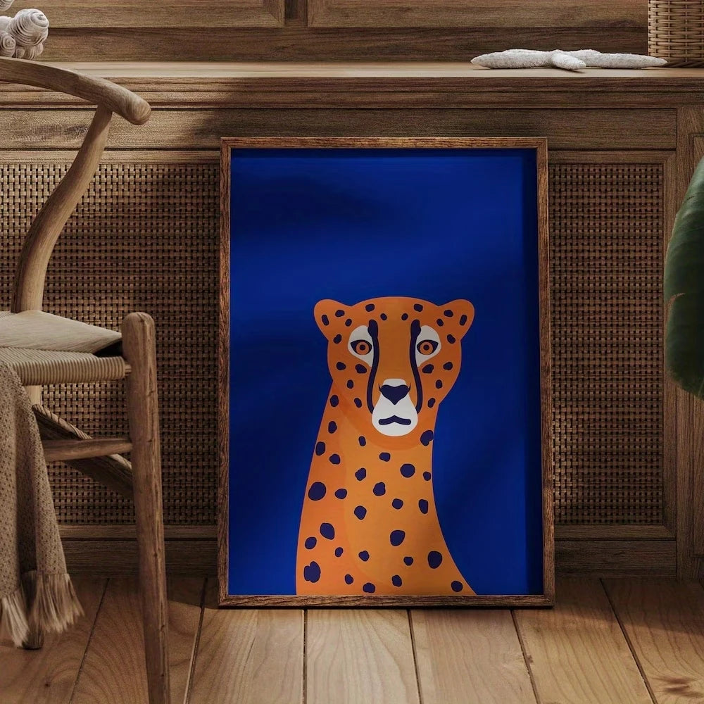 Cheetah Royal Blue Jungle Canvas Wall Art Print | Home Decor