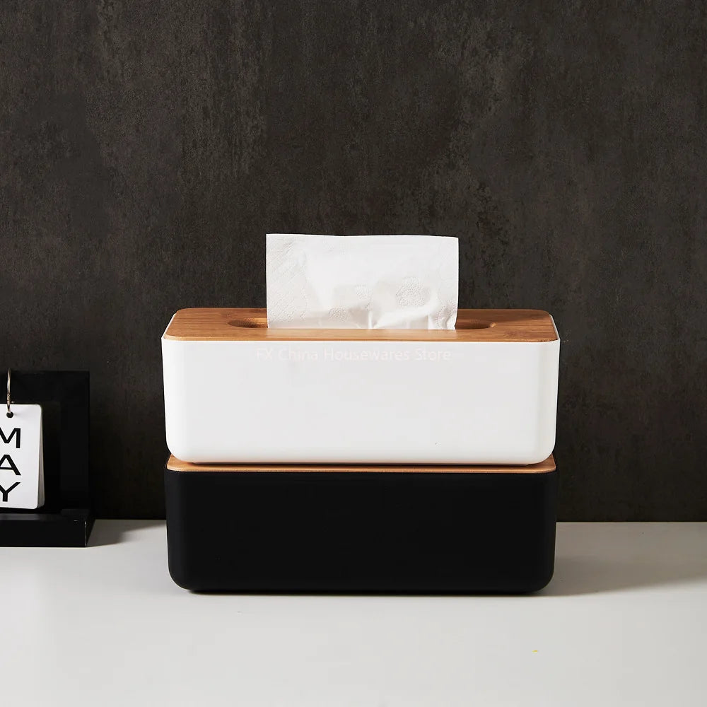 Bamboo Lid Plastic Tissue Box Organizer Rectangular Paper Towel Holder for Living Room Bathroom Kitchen Storage Peaceful Pleasures Health and Wellness