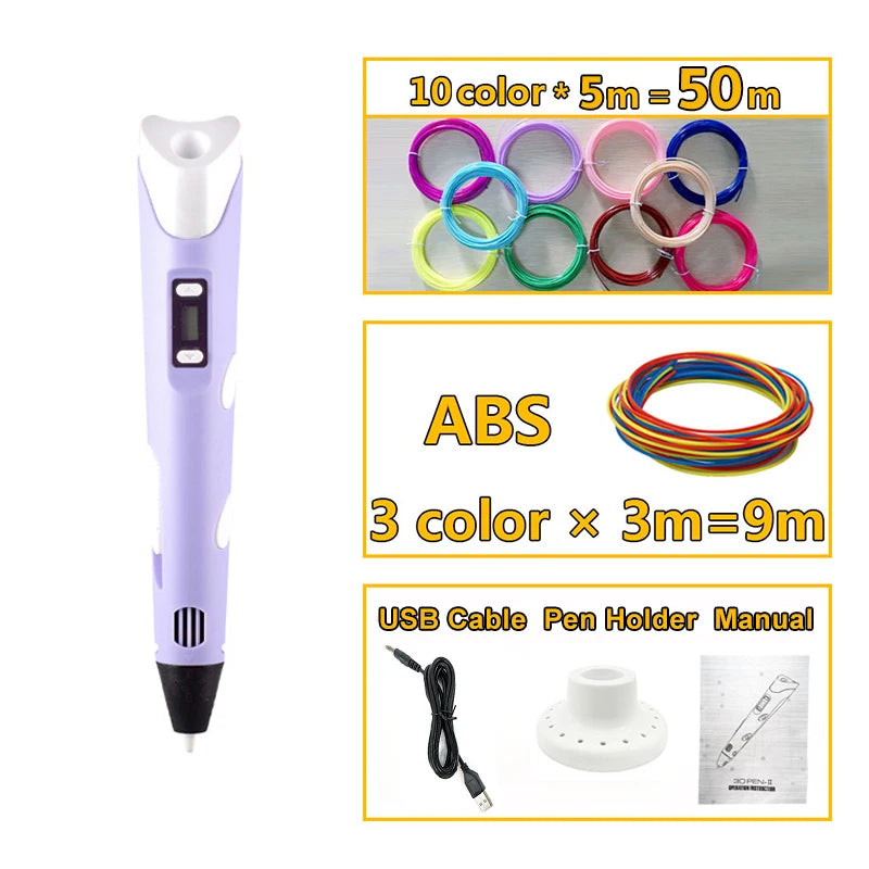 3D Pen 3D DIY Drawing Pen With LCD Screen Compatible PLA Filament Toys Safe 3D Pen for Children Kids Christmas Birthday Gift Peaceful Pleasures Health and Wellness Purple B China Mainland