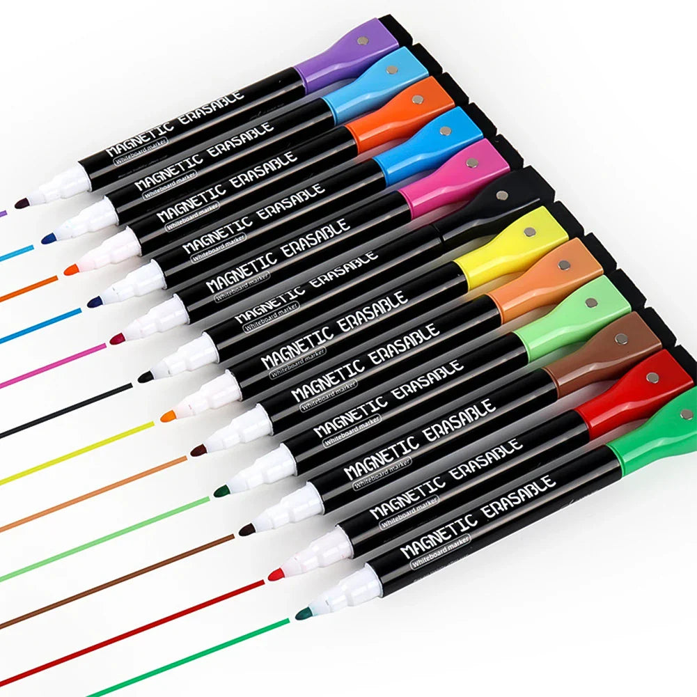 Erasable Magnetic Whiteboard Markers with Built-In Eraser | 12 Colors