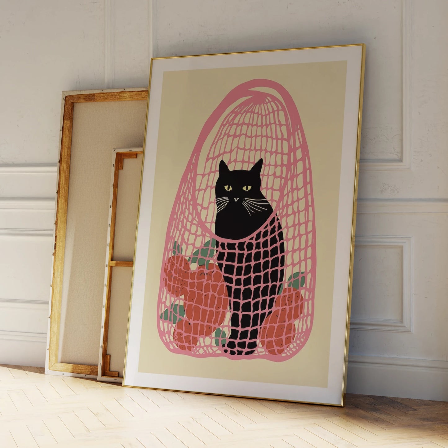Black Cat Pink Bag Oranges Canvas Wall Art Print | Home Decor