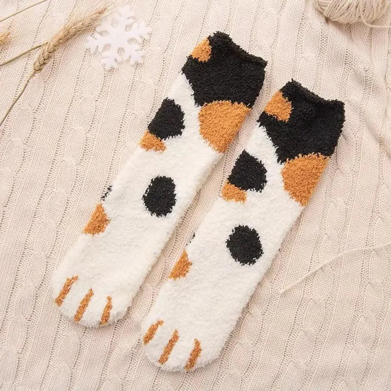 Women's Fuzzy Cat Paw Fluffy Socks | Warm Coral Fleece Floor Socks