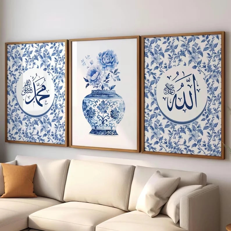 3-Piece Islamic Calligraphy Blue Eid Canvas Wall Art Print Set